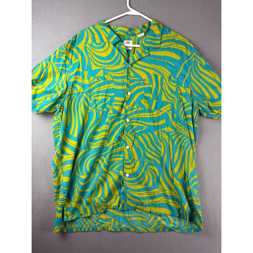 Levis Relaxed Short Sleeve Button Up Shirt XL Teal Green Abstract Swirl Print